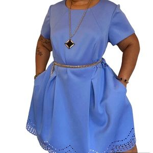Vince Camuto Periwinkle Blue Eyelet Cut Out Crepe Fit & Flare Dress Plus Size